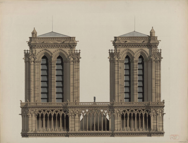 Une image Notre Dame de Paris historique, montrant la grandeur et les détails architecturaux de la façade ouest avant l'incendie.
